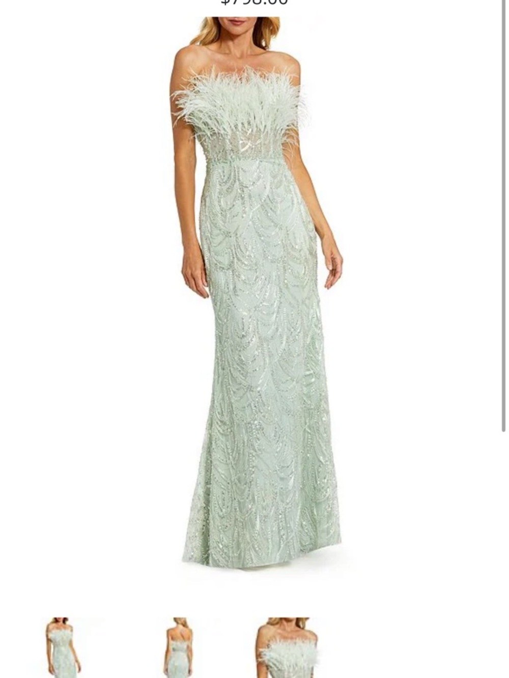 Mac Duggal Strapless Feather Bodice Beaded Gown in Pale Mint